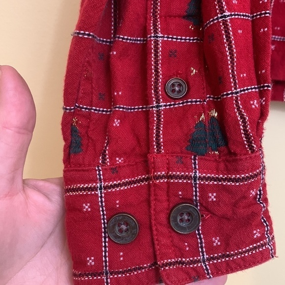 Dress Barn | Red Green Gold Xmas Tree Plaid Metallic Thread Button Down Shirt M - Picture 5 of 17